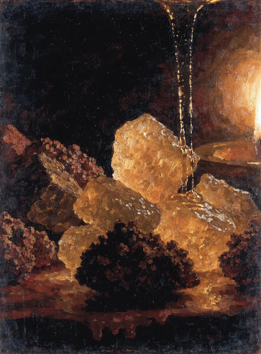 An oil painting of golden amber resin and dark myrrh with dripping honey.