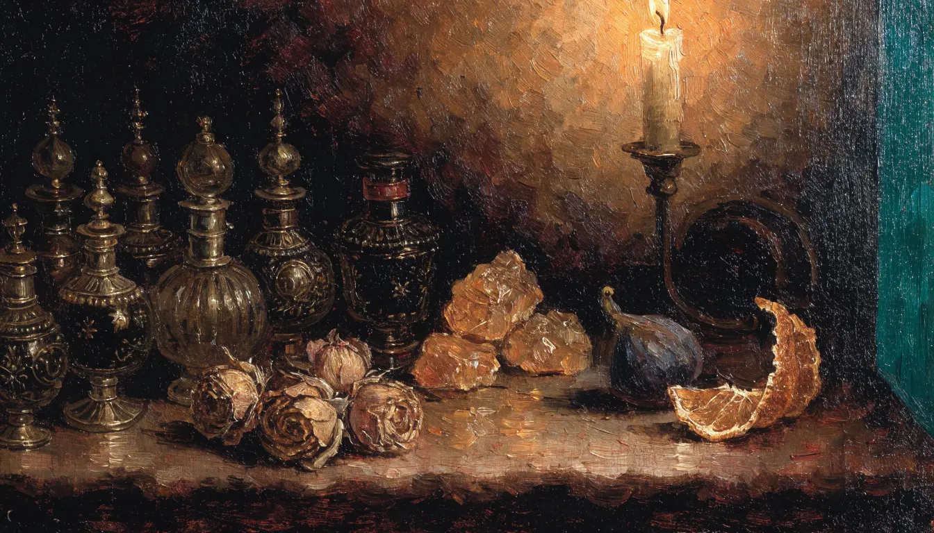 A wide oil painting of a dark apothecary table with antique perfume bottles, dried roses, amber and a lit candle.