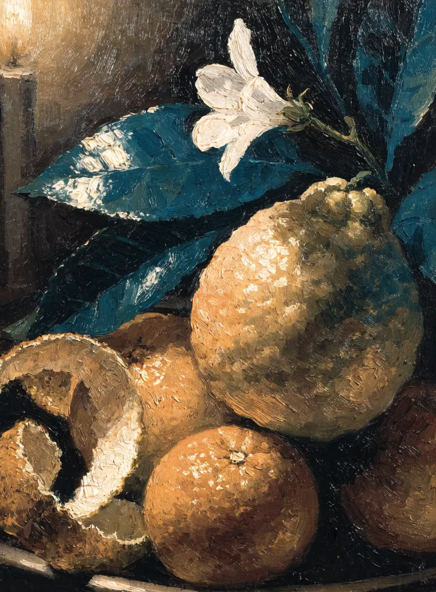 An oil painting of bergamot, bitter oranges and white neroli blossom.
