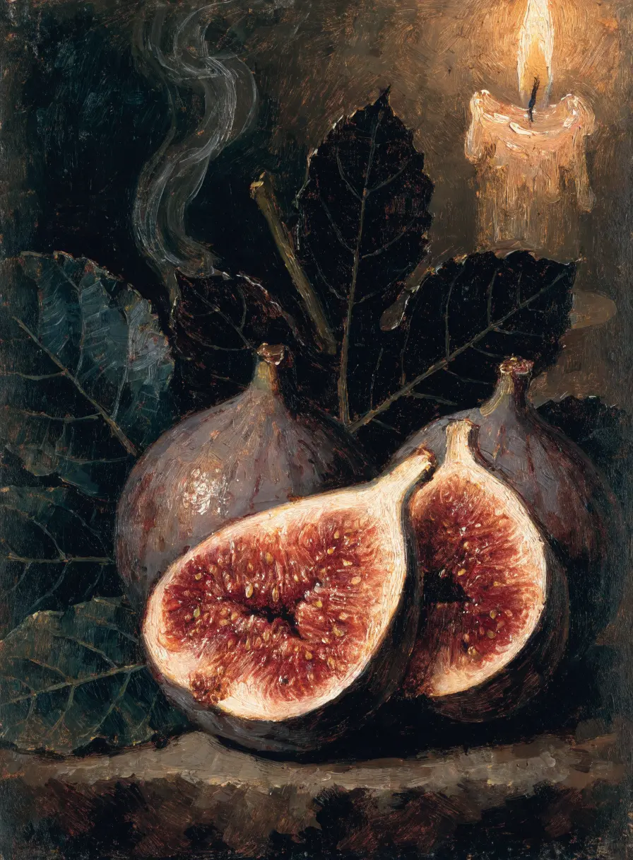An oil painting of ripe figs split to the seed beside a candle and dark leaves.