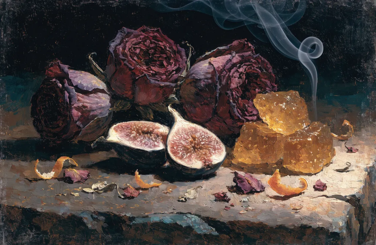 An oil painting of dried roses, split figs, amber resin and orange peel with a thread of smoke, on dark stone.