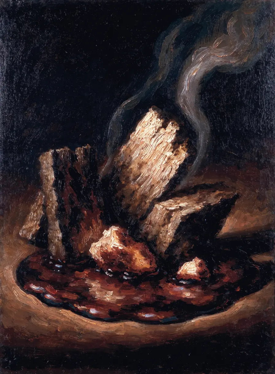 An oil painting of smouldering oud wood and glowing embers in deep shadow.