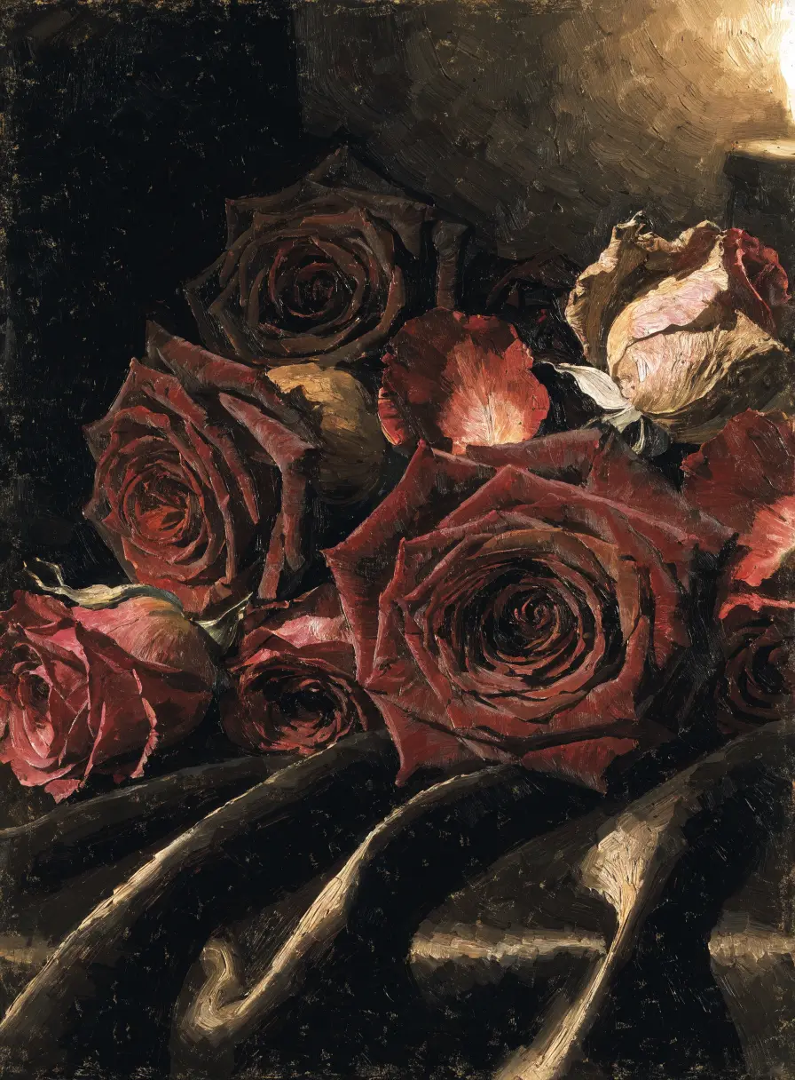 An oil painting of deep crimson and oxblood roses resting on dark velvet.
